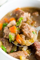 A close up image of a spoon and bowl full of beef stew